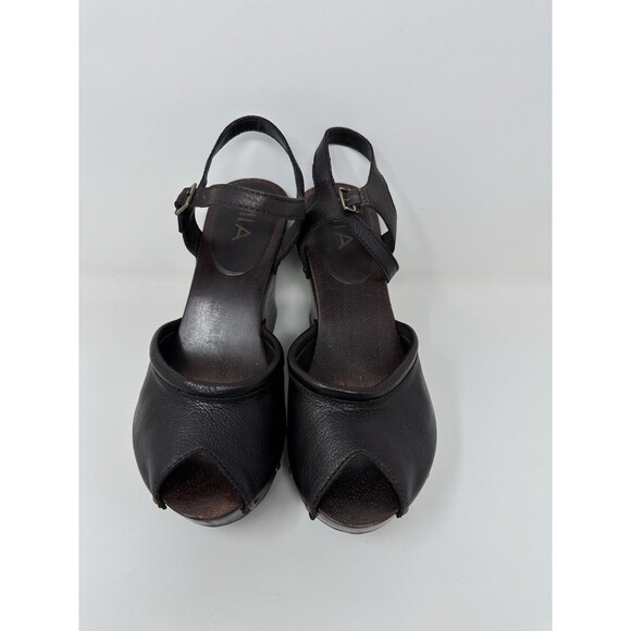 Mia Womens 9 Studed Clogs Sandals Black Leather Wood Heel Peep Toe - Picture 10 of 10